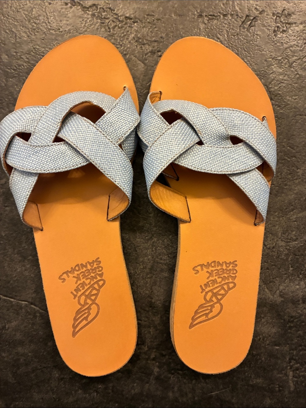 Ancient Greek Sandals Orange Footbed Braided Light Blue Strap Slides